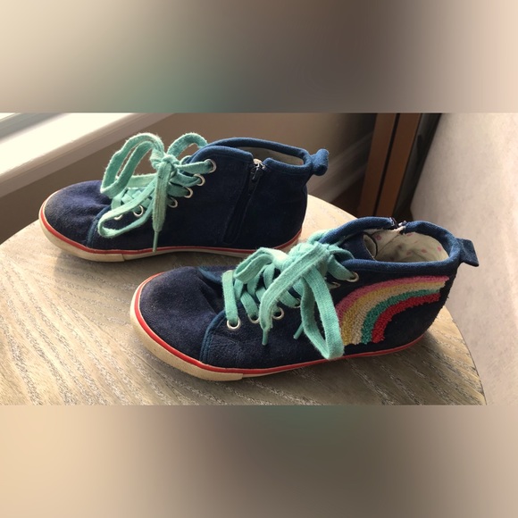 Mini Boden Euro size 31, US size 13 tie-up navy suede hi-top sneakers rainbow - Picture 1 of 7